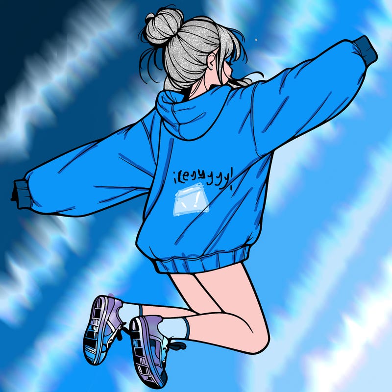 realistic girl jumping with a bun and oversized sweatshirt