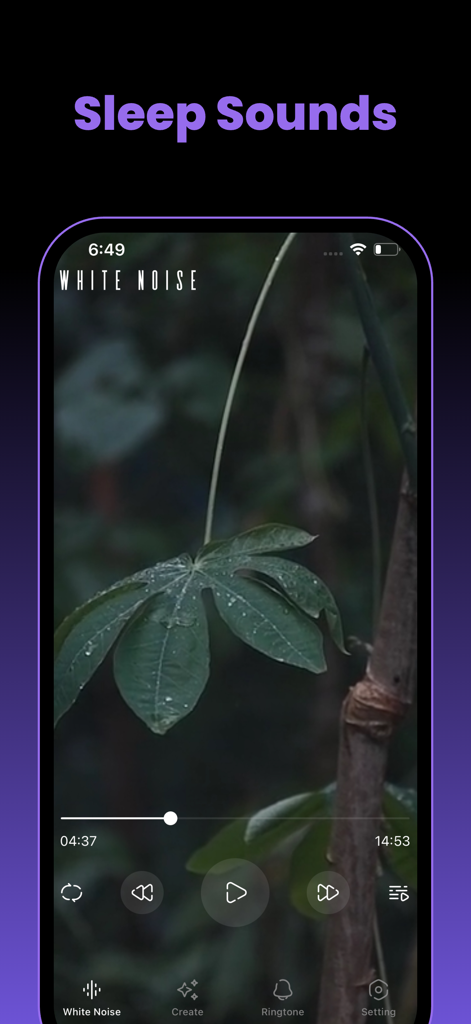 La interfaz del reproductor de sonidos para dormir de la aplicación Offline mostrando la reproducción de ruido blanco con un fondo de naturaleza.