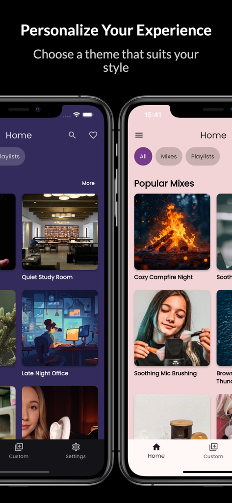 Dos pantallas móviles que muestran los temas personalizados, claro y oscuro, de la interfaz de la aplicación Tingles ASMR