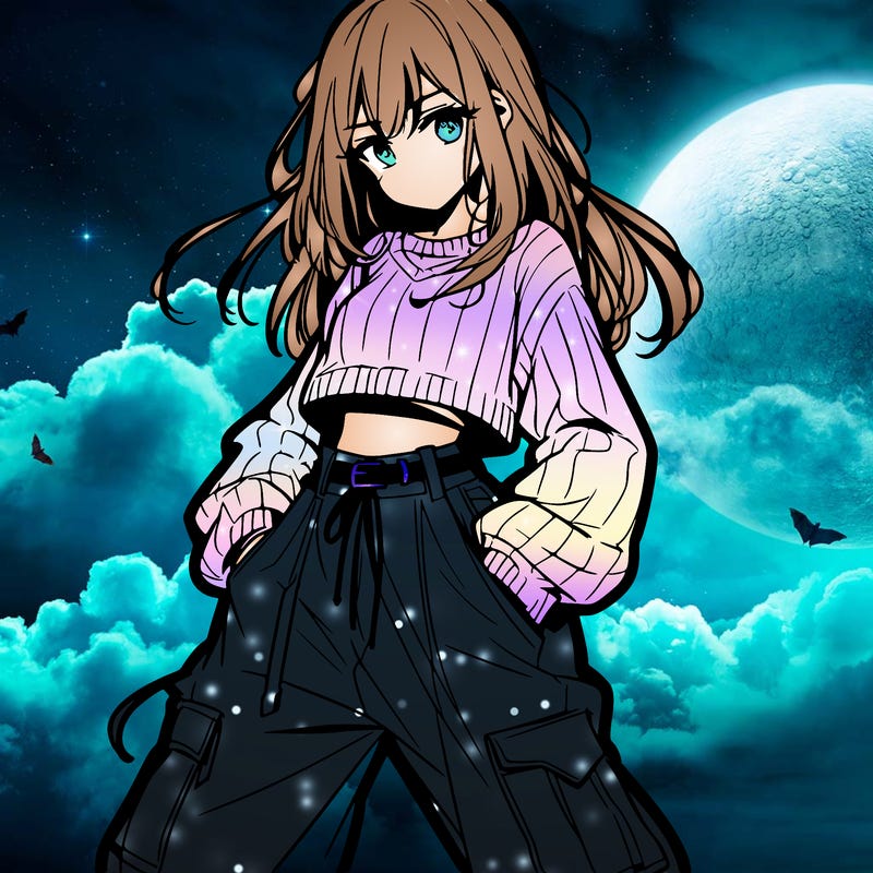 anime teen girl with baggy pants and crop top with sweater