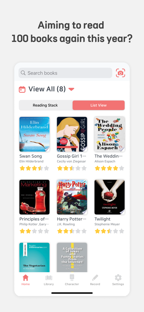 Book Towers - Reading Tracker - A screenshot of the Book Towers app showing a list view of books with covers and star ratings.