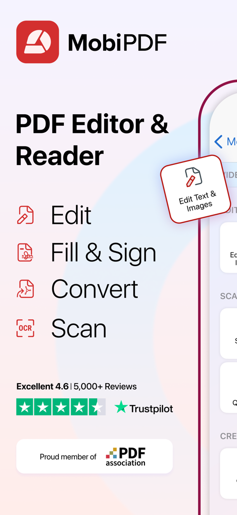 Aplicativo MobiPDF destacando recursos importantes como editar, preencher e assinar, converter e digitalizar com alta classificação Trustpilot