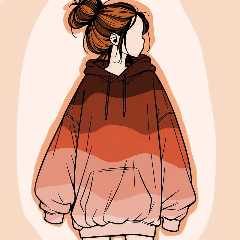realistic girl with a oversized sweatshirt on and a bun