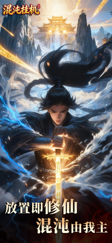 混沌挂机 - A Xianxia warrior holding a glowing golden sword in a mystical mountain landscape with a celestial temple
