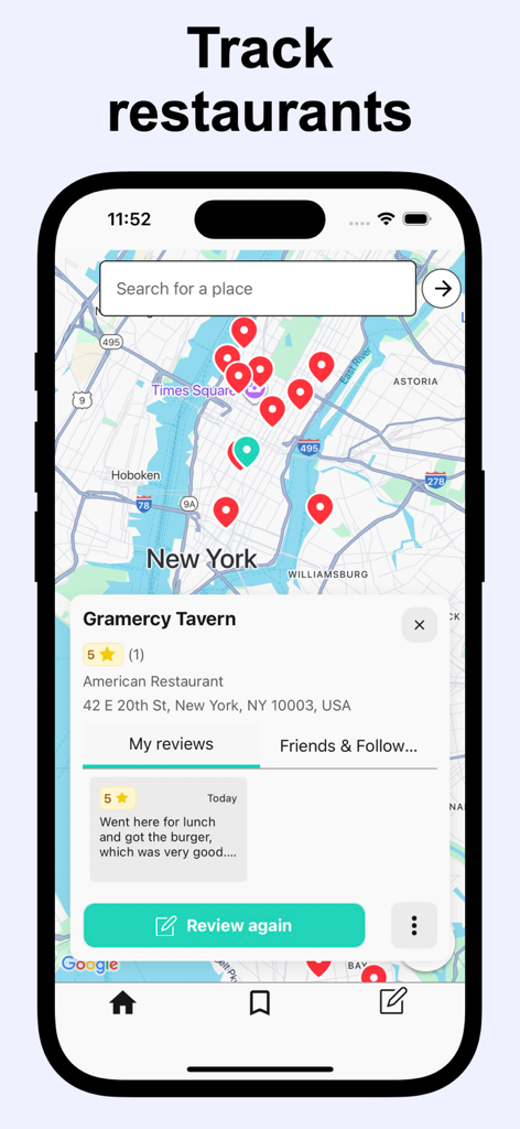 Memolli: all your reviews - Memolli app map interface for tracking and reviewing restaurants in New York City