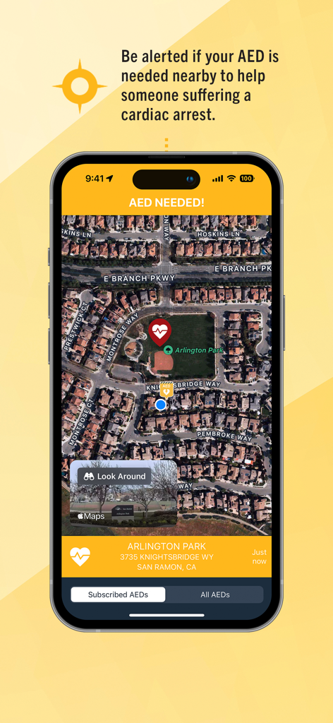 PulsePoint AED mobile app displaying a cardiac arrest emergency alert on a satellite map for first responders