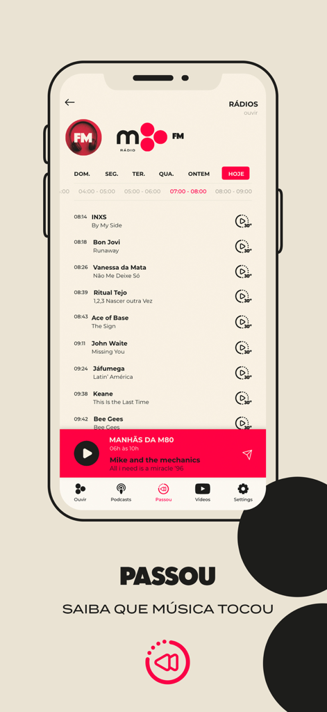 Pantalla de la aplicación M80 Radio que muestra una lista de canciones reproducidas recientemente con nombres de artistas y marcas de tiempo
