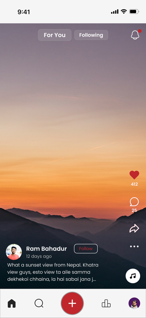 Interface do KuKu App mostrando um vídeo curto de um pôr do sol sobre montanhas com ícones de engajamento social