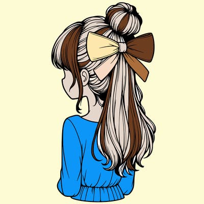 realistic girl  with hip length hair a bun and a big bow on the back of head