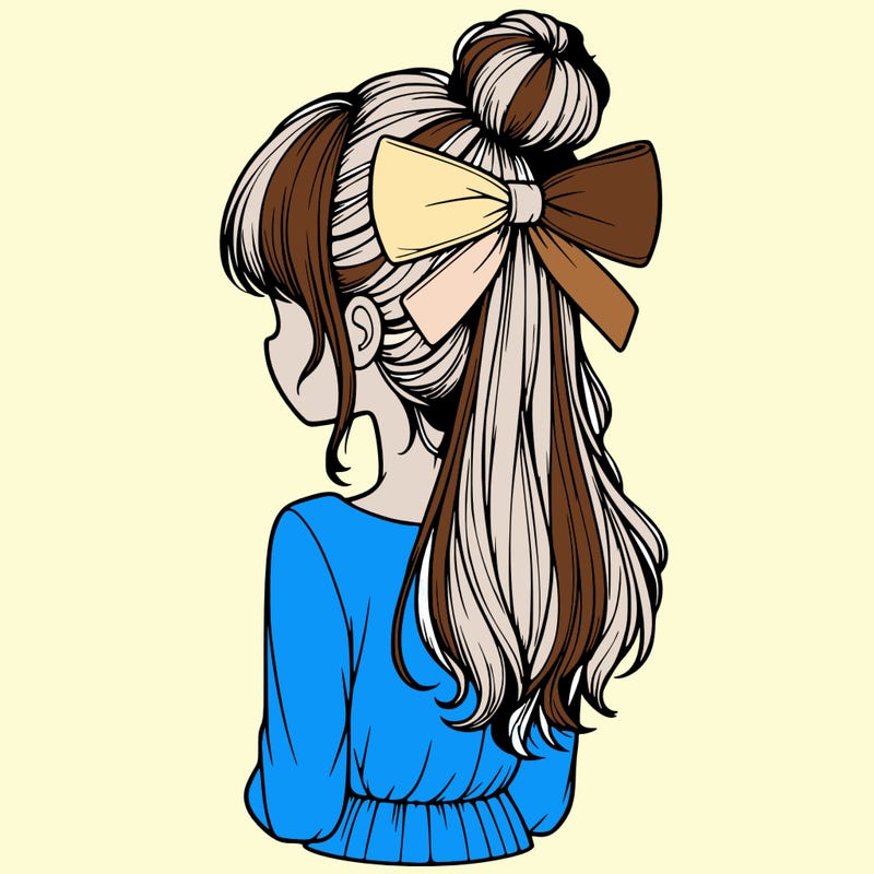 realistic girl  with hip length hair a bun and a big bow on the back of head