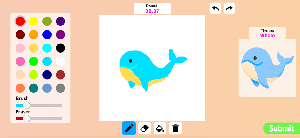Coloring book paint drawing - Interfaz de una aplicación de libro de colorear que muestra un dibujo de una ballena azul con una paleta de colores y herramientas