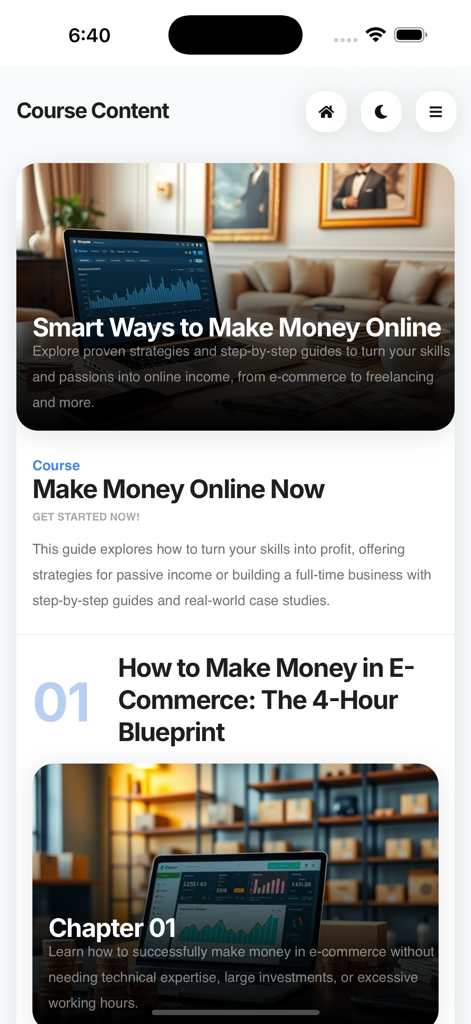 La pantalla de contenido del curso de la aplicación Gana Dinero Online Ahora mostrando un módulo sobre estrategias de comercio electrónico y negocios paralelos digitales.