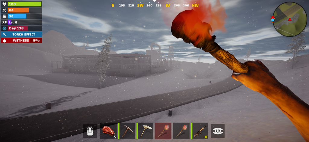 Just Survival Multiplayer - First person view of a character holding a torch in a snowy landscape with industrial buildings