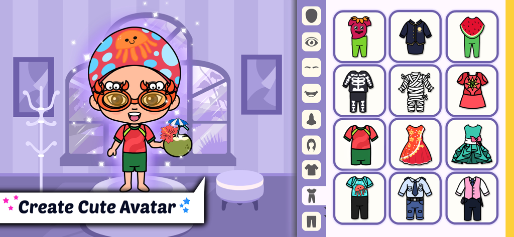 Charakter-Anpassungsbildschirm in Tizi Home Design My Hotel City, der einen Kindercharakter und verschiedene Outfit-Optionen zeigt