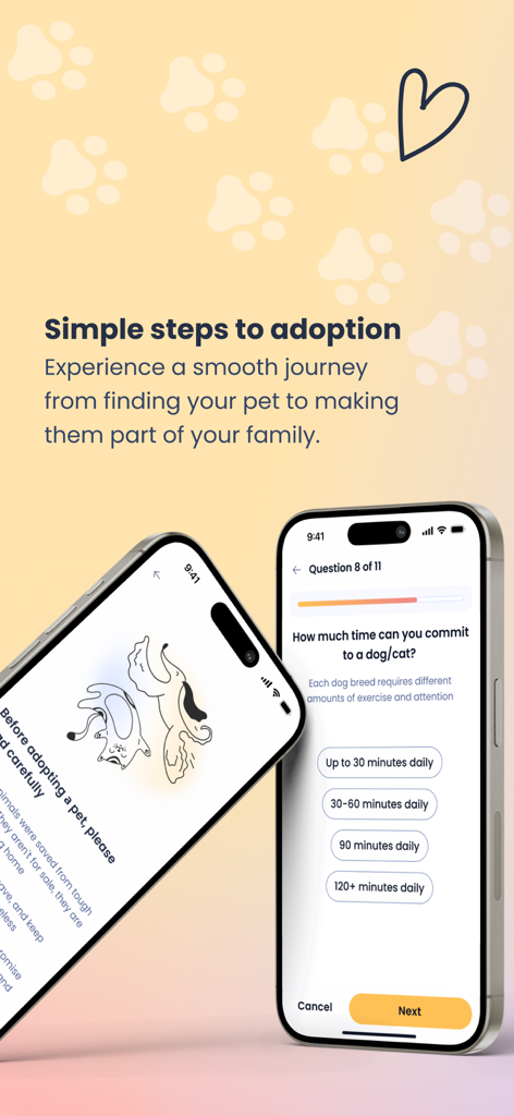Furever - Dos pantallas de móvil de la aplicación Furever que muestran un cuestionario de adopción e información sobre cómo iniciar el proceso de adopción de mascotas.