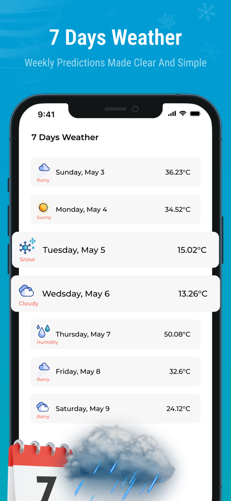Una schermata di un'app mobile che mostra una previsione meteo di 7 giorni con temperature giornaliere e icone meteo