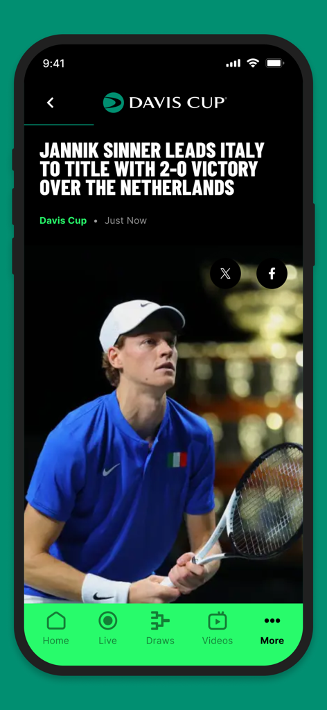 Davis Cup & BJK Cup - Screenshot of Davis Cup app news article featuring Jannik Sinner and Italy victory