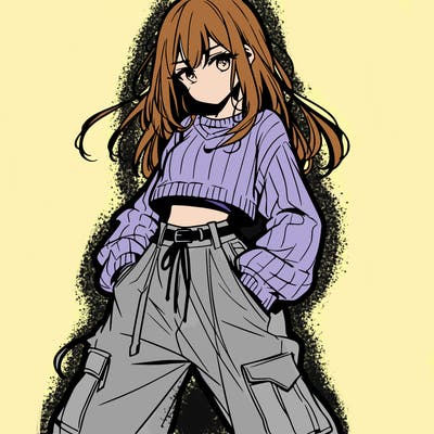 anime teen girl with baggy pants and crop top with sweater