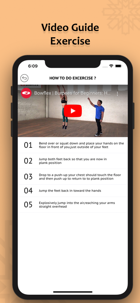 homes Workout For Women - Una interfaz de aplicación móvil que muestra un tutorial en video e instrucciones numeradas para realizar un ejercicio de burpee.