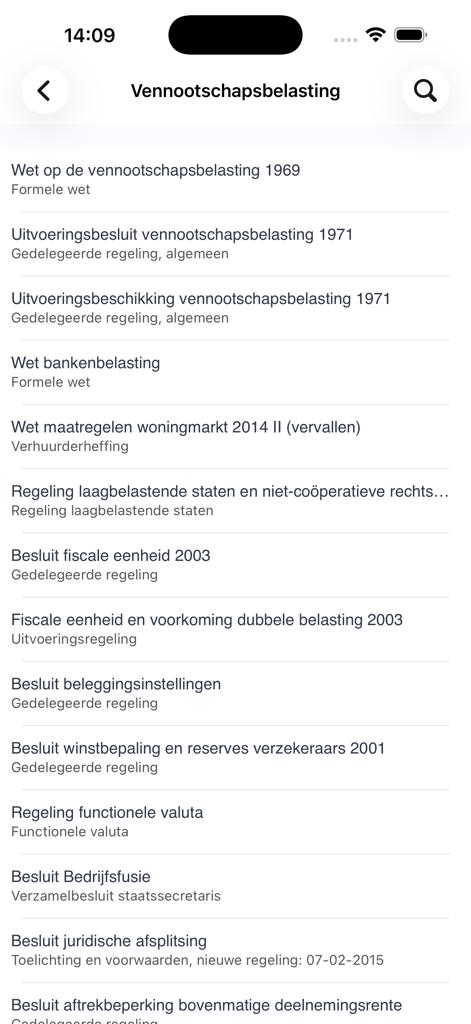 Wetten - Interfaccia mobile che mostra un elenco di leggi fiscali societarie olandesi e regolamenti fiscali.