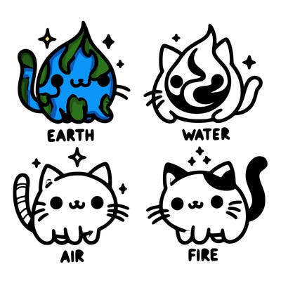 4 cats that represent the different elements, earth, water, air, and fire