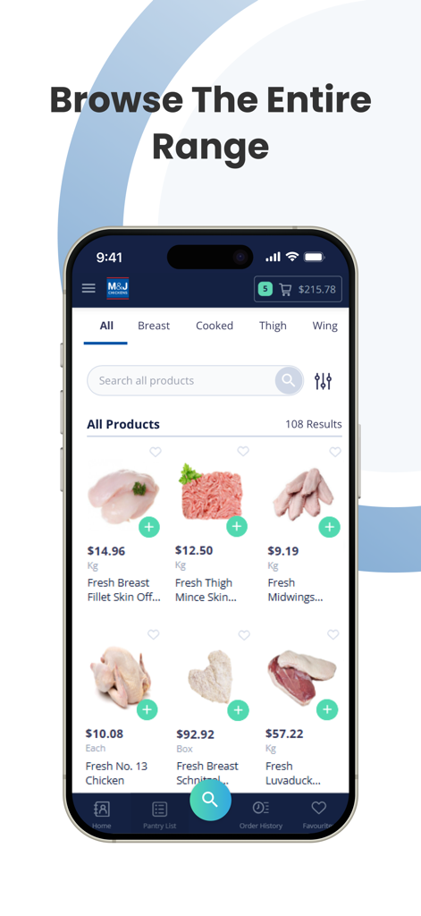 M&J Chickens - Mobile screen of the M&J Chickens app showing a product catalog of wholesale poultry including breast fillets, thigh mince, and wings for B2B ordering.