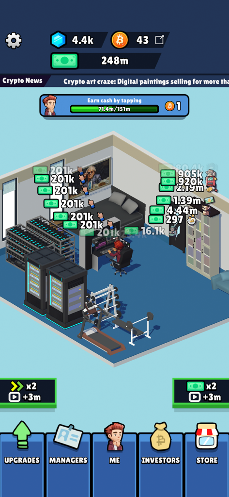 Bitcoin Empire - Vista isometrica di una stanza di mining di criptovalute virtuale con server e un personaggio seduto a una scrivania.