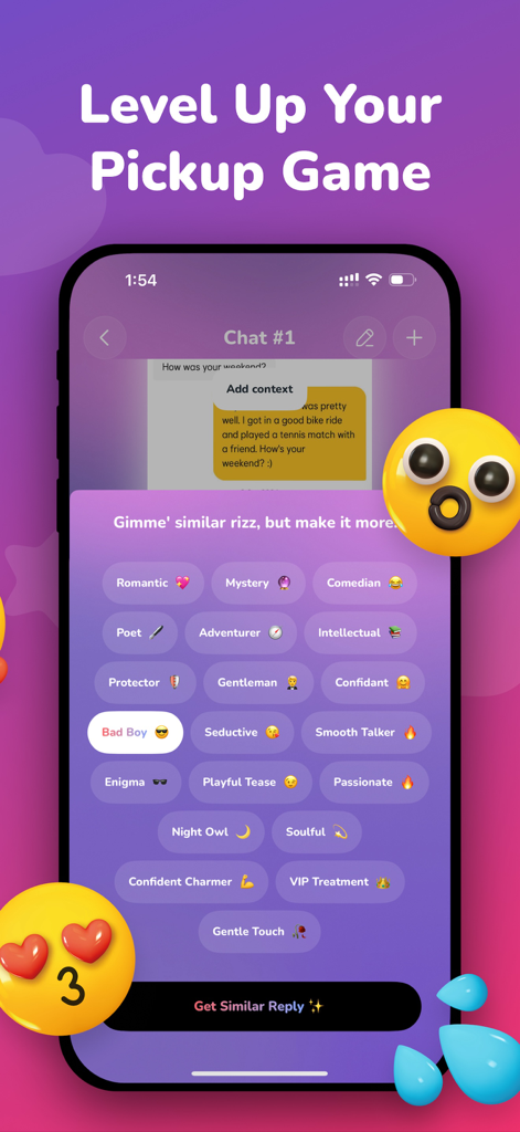 Interfaz de la app Asistente de Citas IA que muestra varios estilos de personalidad de chat como Chico Malo y Romántico para generar respuestas.