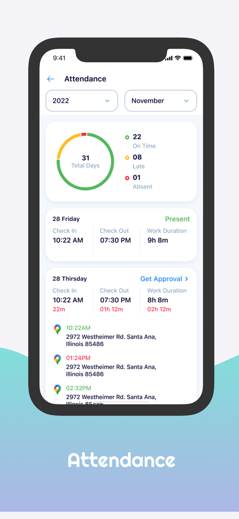Anwesenheitsverfolgungsbildschirm in der ESS App mit monatlichen Arbeitsstunden und Geofencing-Check-in-Standorten.