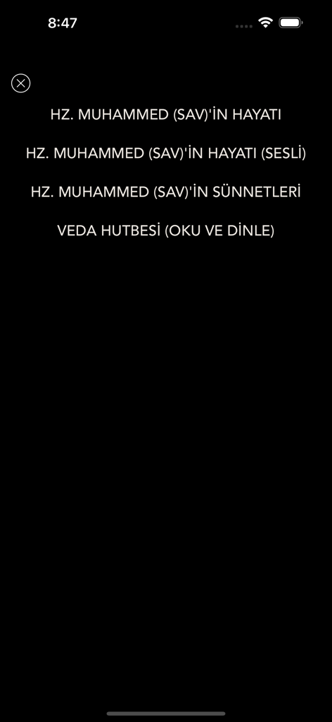 Hz. Muhammed (SAV) - Main menu of the Hz. Muhammed app featuring sections for life story, sunnahs, and the farewell sermon.