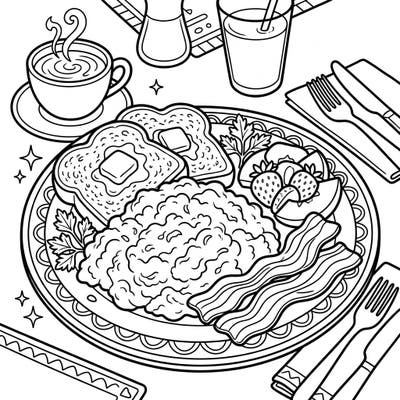 Get ready to color a delightful breakfast scene featuring fluffy scrambled eggs, crispy bacon, and delicious toast. This engaging page is perfect for young artists to bring their morning meal to life with vibrant colors.