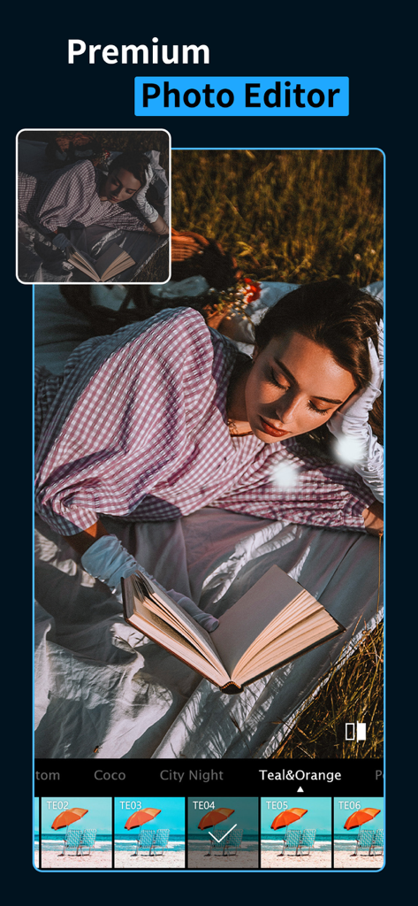 Presets and Filters Koloro app interface showing a teal and orange photo editing filter