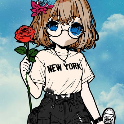 anime girl holding a rose with cargo pants on and a beige t-shirt that says new york . she has glasses