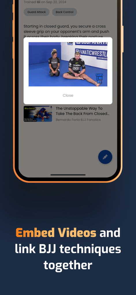 Kimura - BJJ Notes & Sessions - Kimura 앱 인터페이스에 훈련 노트와 연결된 BJJ 강좌 동영상이 표시됩니다