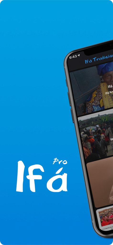 The Ifa Tradicional Pro app interface featuring Yoruba cultural images on a smartphone