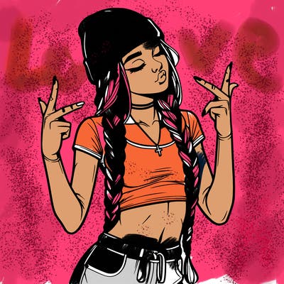 realistic teenage girl with braids and a beanie and crop top doing 🫶🏼