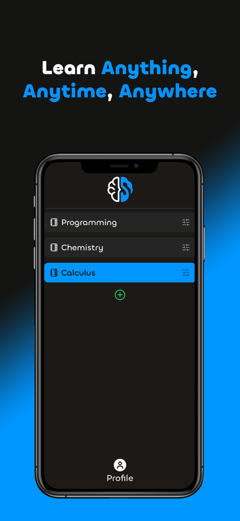 Skillion: Study Smarter - Interfaz de la aplicación móvil Skillion mostrando una lista de materias de estudio, incluyendo Programación, Química y Cálculo.