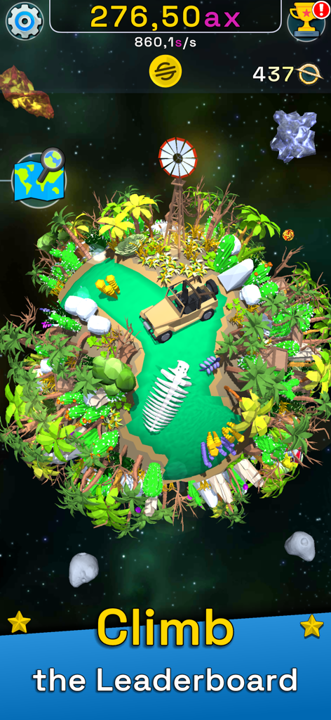 Planet Evolution: Idle Clicker - Schermata di gioco di Planet Evolution Idle Clicker che mostra un pianeta personalizzato con un veicolo e alberi con il testo Scala la Classifica