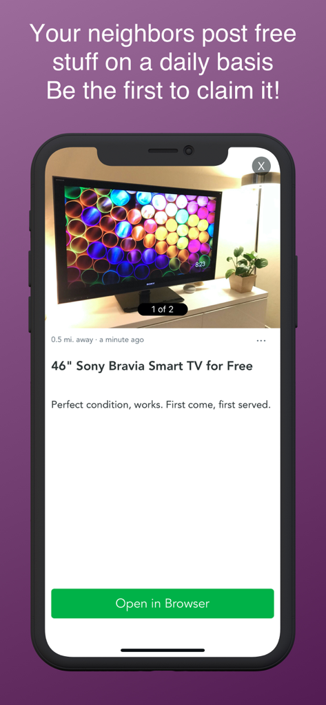 Screenshot of the Freebie Alerts app showing a local listing for a free Sony Bravia Smart TV