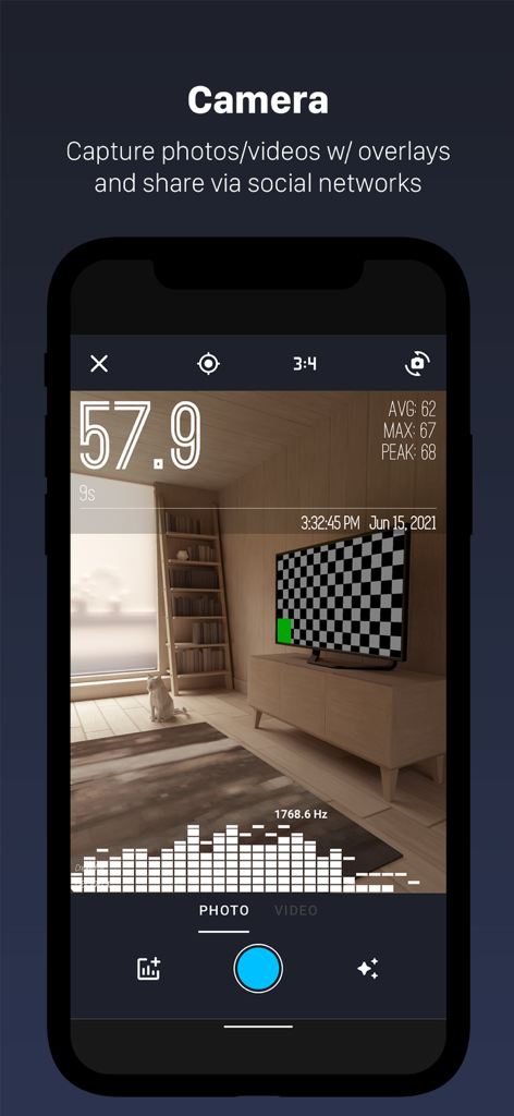 Decibel X PRO app screenshot showing the camera feature with real-time sound level data and frequency graphs overlaid on a photo