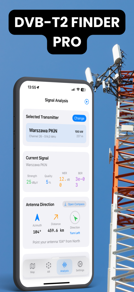 DVB-T2 Finder Proアプリが放送塔の隣に技術的なテレビ信号解析とアンテナ方向ガイダンスを表示しています。