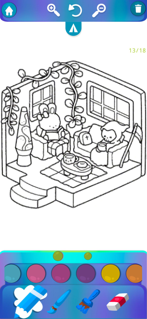 Cozy & Comfy Coloring Book - カラーパレットと描画ツールを備えた、キャラクターと居心地の良い部屋の線画を示すデジタル塗り絵インターフェース