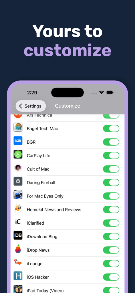 MacHash News - Interface for customizing tech news sources in the MacHash News app.