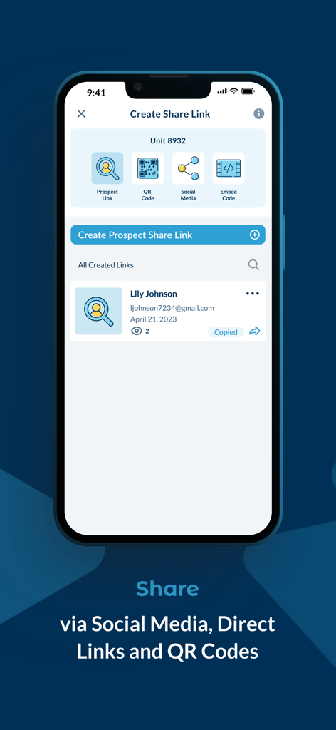 Realync Video Leasing - Schermata di uno smartphone che visualizza le opzioni di condivisione per un tour video immobiliare, inclusi codici QR e collegamenti ai social media
