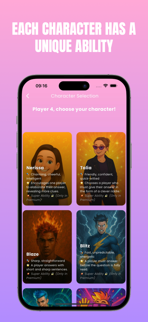 FlipParty app screen showing character selection with unique abilities for avatars like Nerissa, Talia, Blaze, and Blitz.