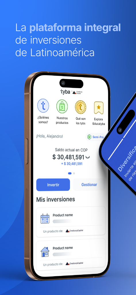 Tableau de bord de l’application mobile tyba montrant le solde des investissements et les options de gestion de portefeuille