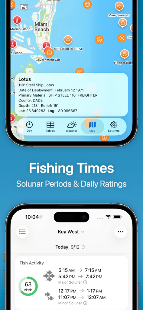 TidesPro: Tide Charts & Tables - TidesPro app interface displaying a coastal fishing map with wreck locations and daily solunar fishing activity ratings