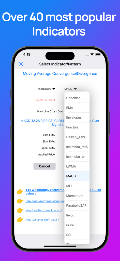 Forex Alerts & Crypto Alerts - Bildschirm einer mobilen App, der eine Auswahl von technischen Indikatoren wie MACD, RSI und EMA zur Einstellung von Handelsalarmierungen anzeigt