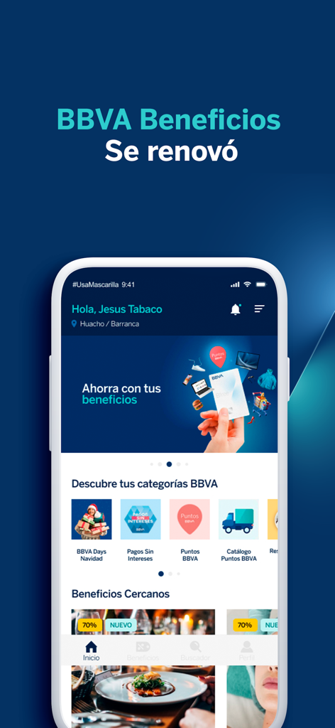 BBVA Beneficios mobile app interface showing personalized rewards and shopping categories