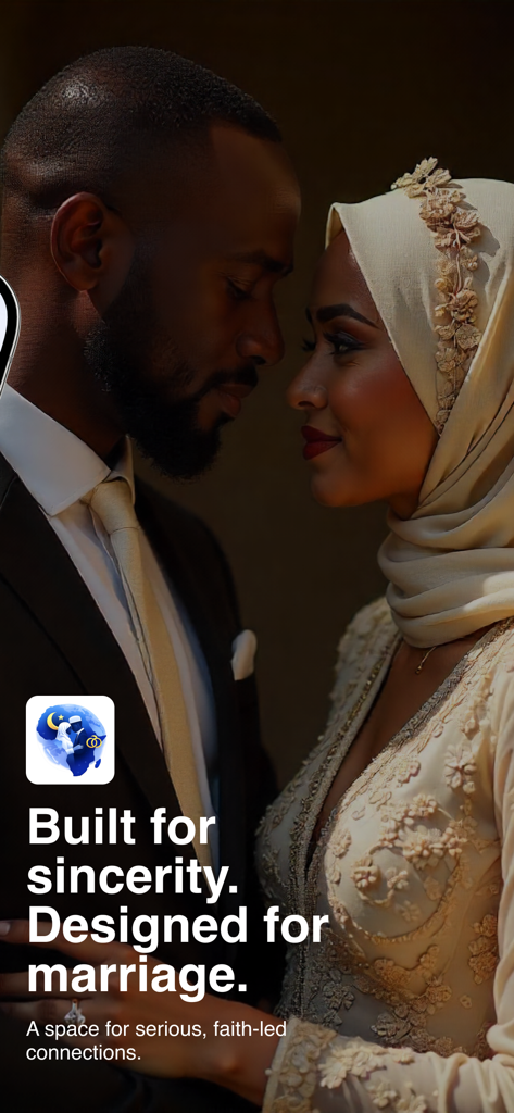 AfroHalalPair - AfroHalalPair intro screen showing an African Muslim couple with text Built for sincerity Designed for marriage